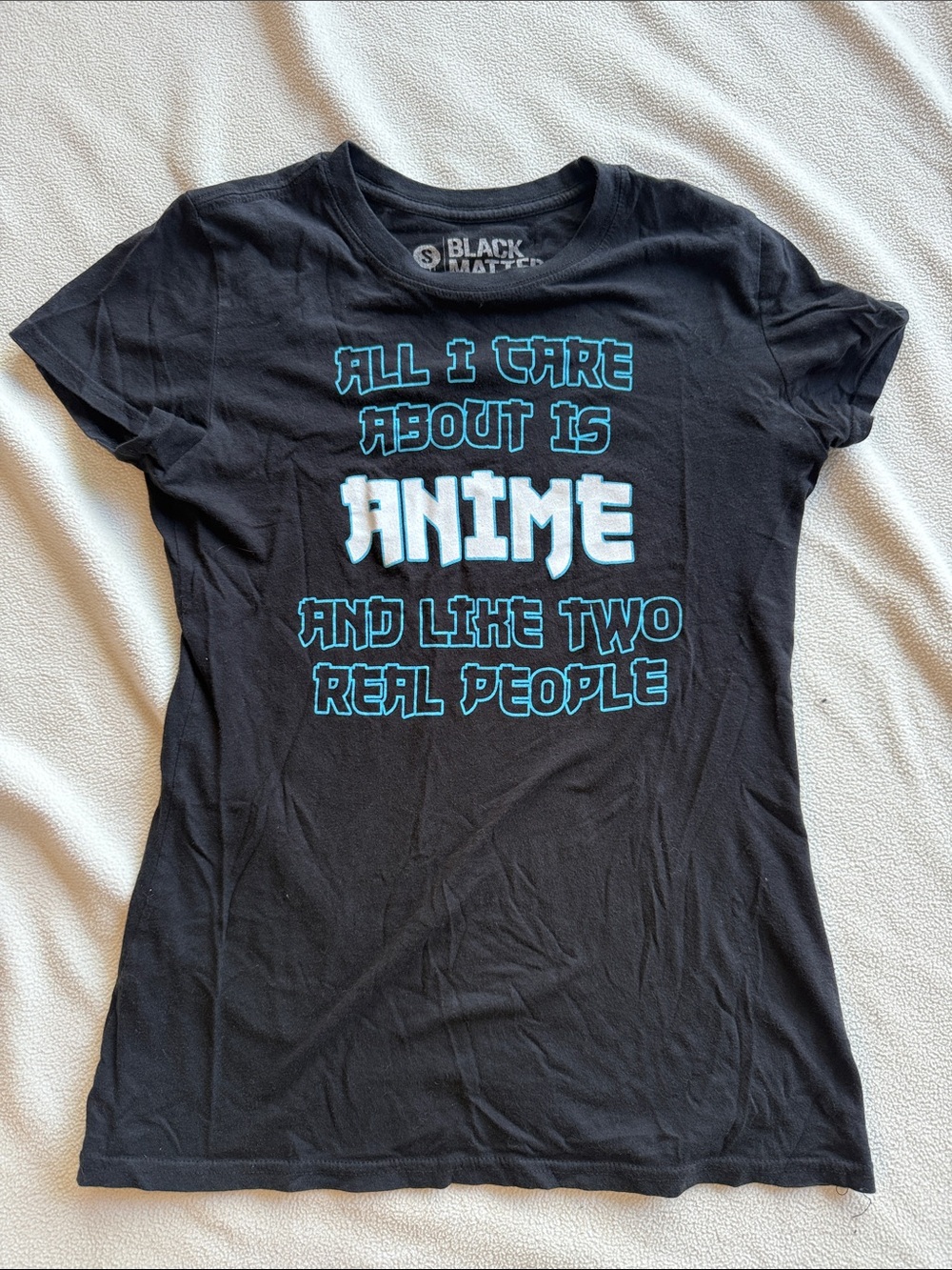 Black Matter Black Tee with Blue & White 'Anime' Graphic